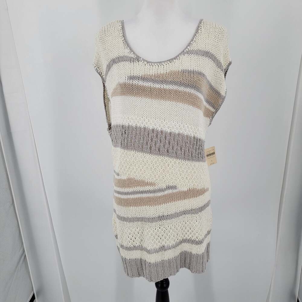 Coldwater Creek Sweater Women's XL Striped Open-Knit Scoop Neck Sleeveless Ivory